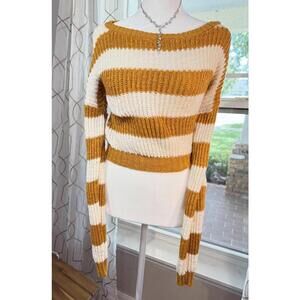 Windsor Striped Sweater Small Cropped Knit Long Sleeve Made USA Mustard White